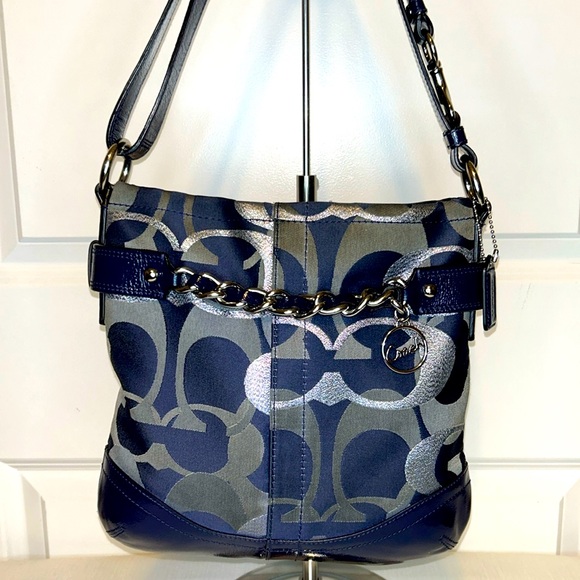 Coach Handbags - Coach Blue Canvas Metallic Silver Signature CC’s Monogram Two Way Crossbody Bag